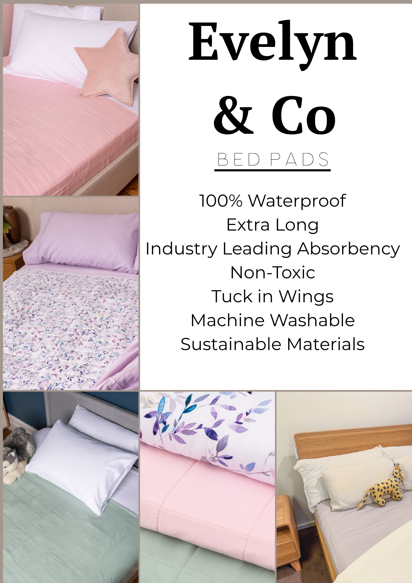 Evelyn and Co Bedwetting pad with details on absorbency, sustainability and extra coverage